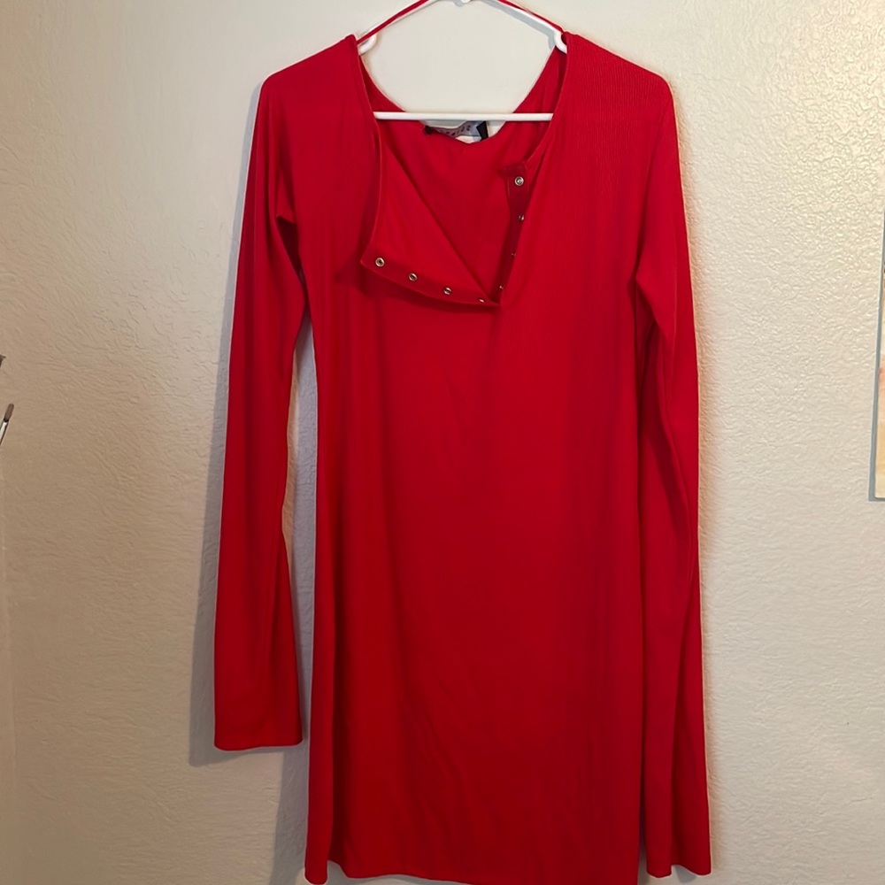 Red sweater, mini dress